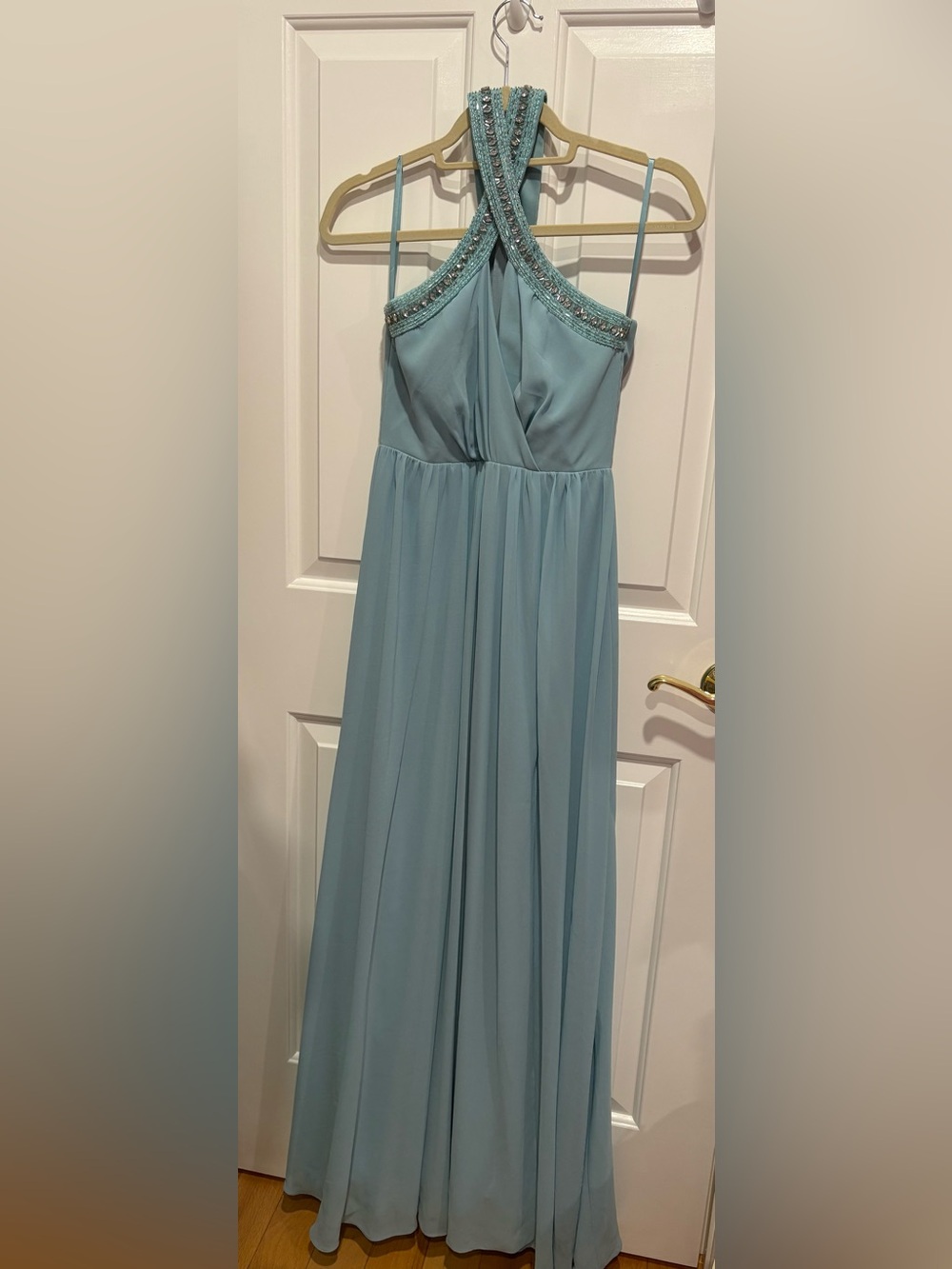 Lulus XS Blue Aqua Beaded Criss Cross Halter Evening Gown
